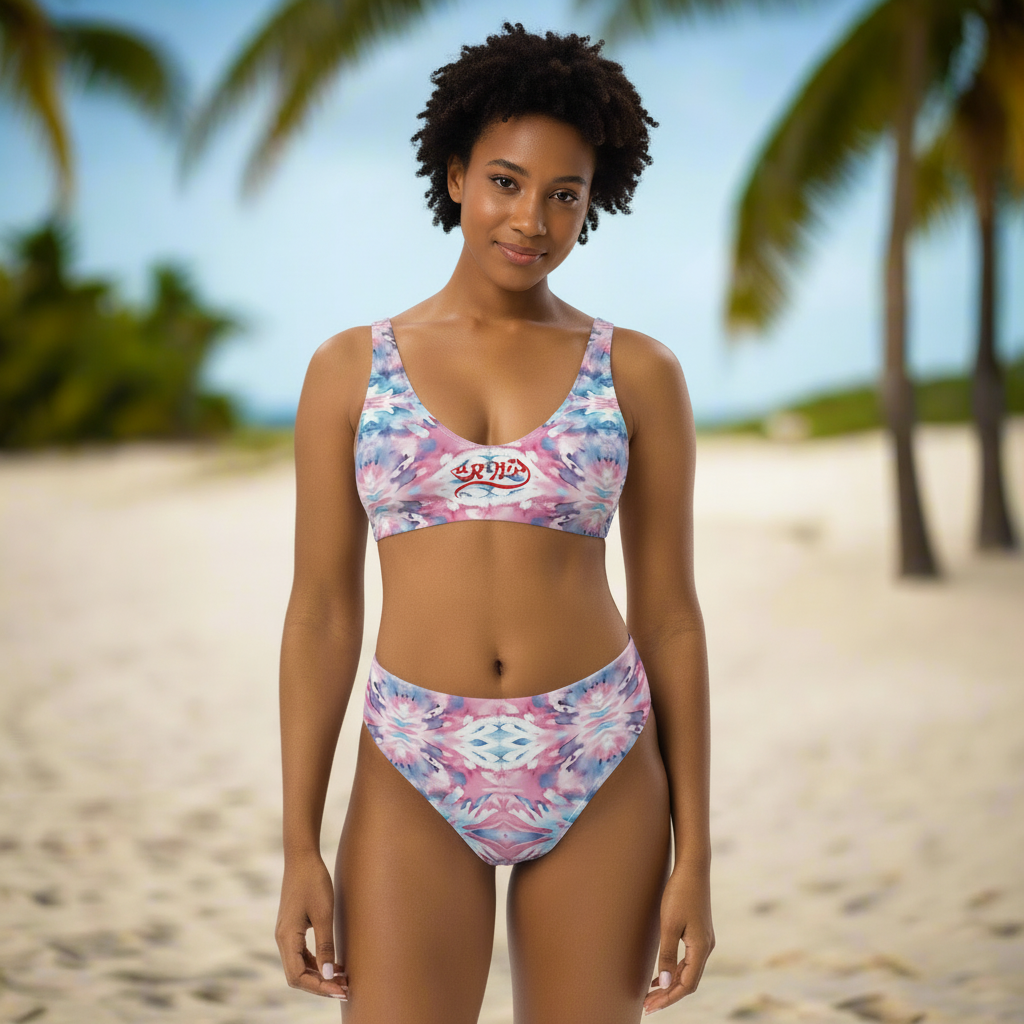 URCHIN-'CORAL SEA' Pink and Blue. Recycled High Waisted Bikini. Choice of Sizes.