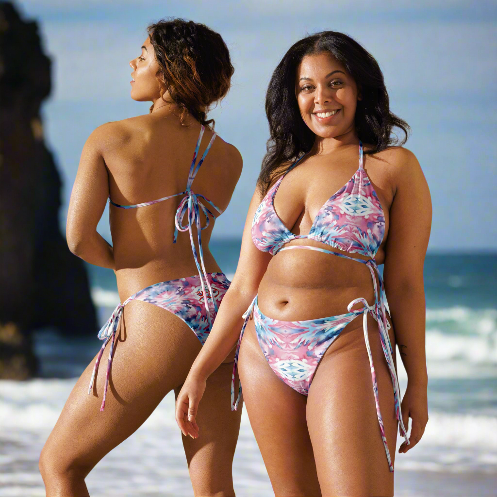 URCHIN Clothes & Swimwear. 'CORAL SEA' Pink and Blue Tie Dye. Recycled String Tie Bikini Set. Choice of Sizes.