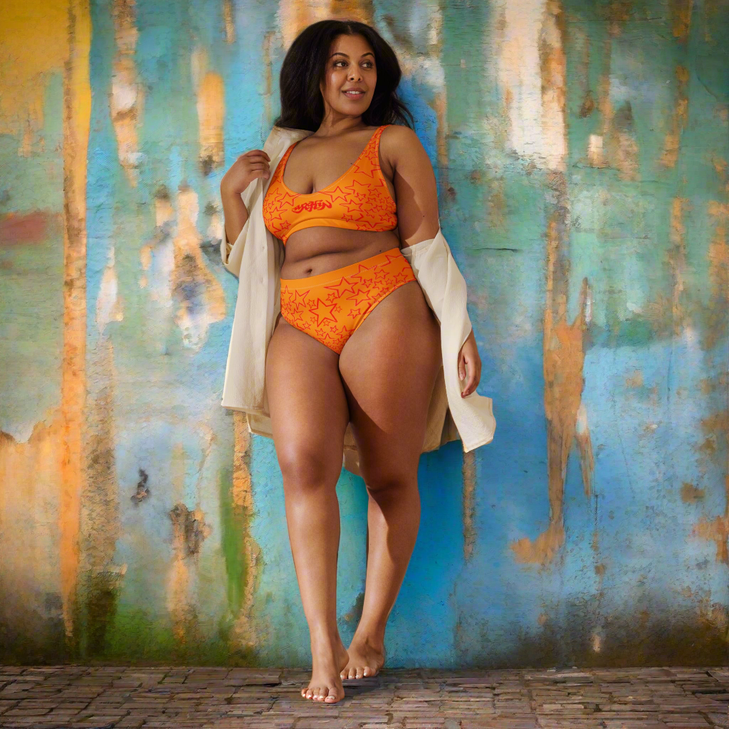 URCHIN Clothes & Swimwear. 'U STAR' Red & Orange. Recycled high-waisted bikini. Choice of Sizes.