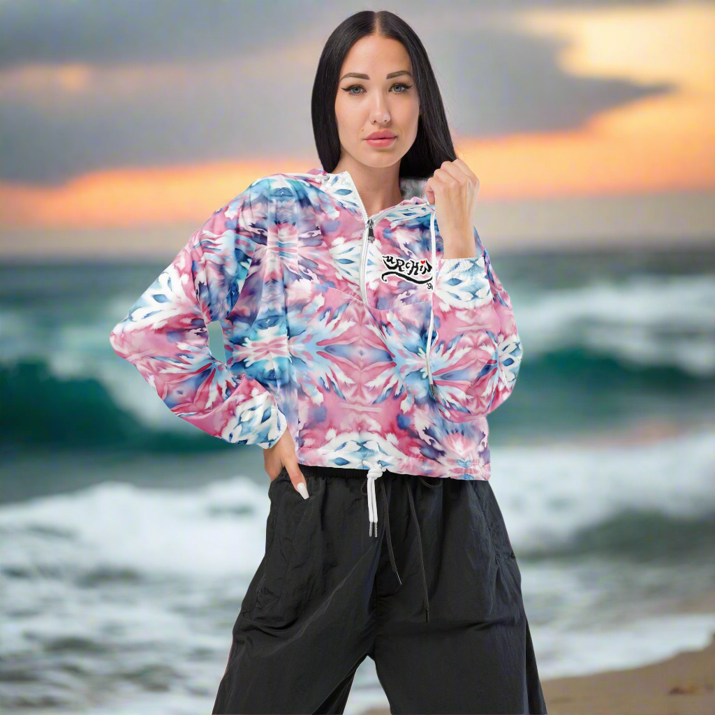 URCHIN Clothes & Sportswear 'CORAL SEA' Pink and Blue Tie Dye. Women’s cropped windbreaker. Choice of Sizes.