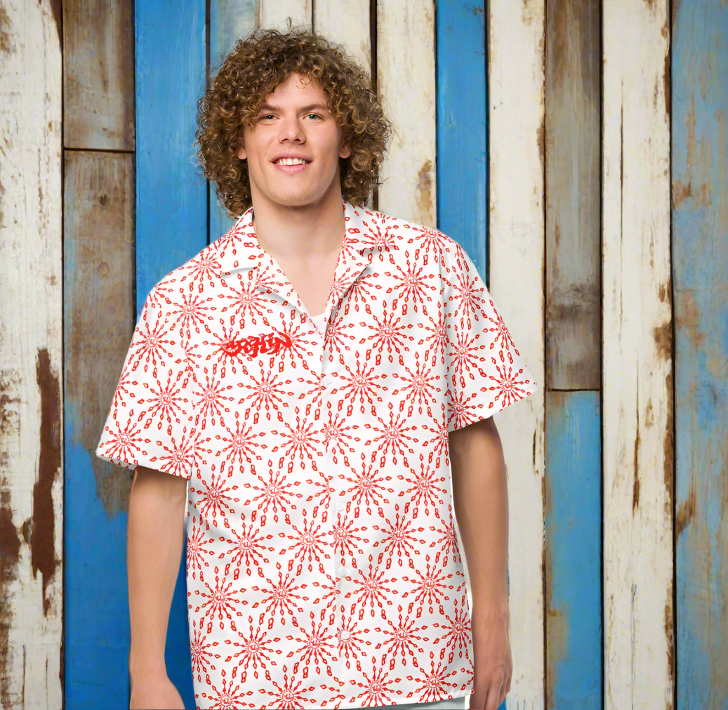 URCHIN 'U FIREWORK'. RED/CLOUD Unisex button shirt. Multiple Sizes.
