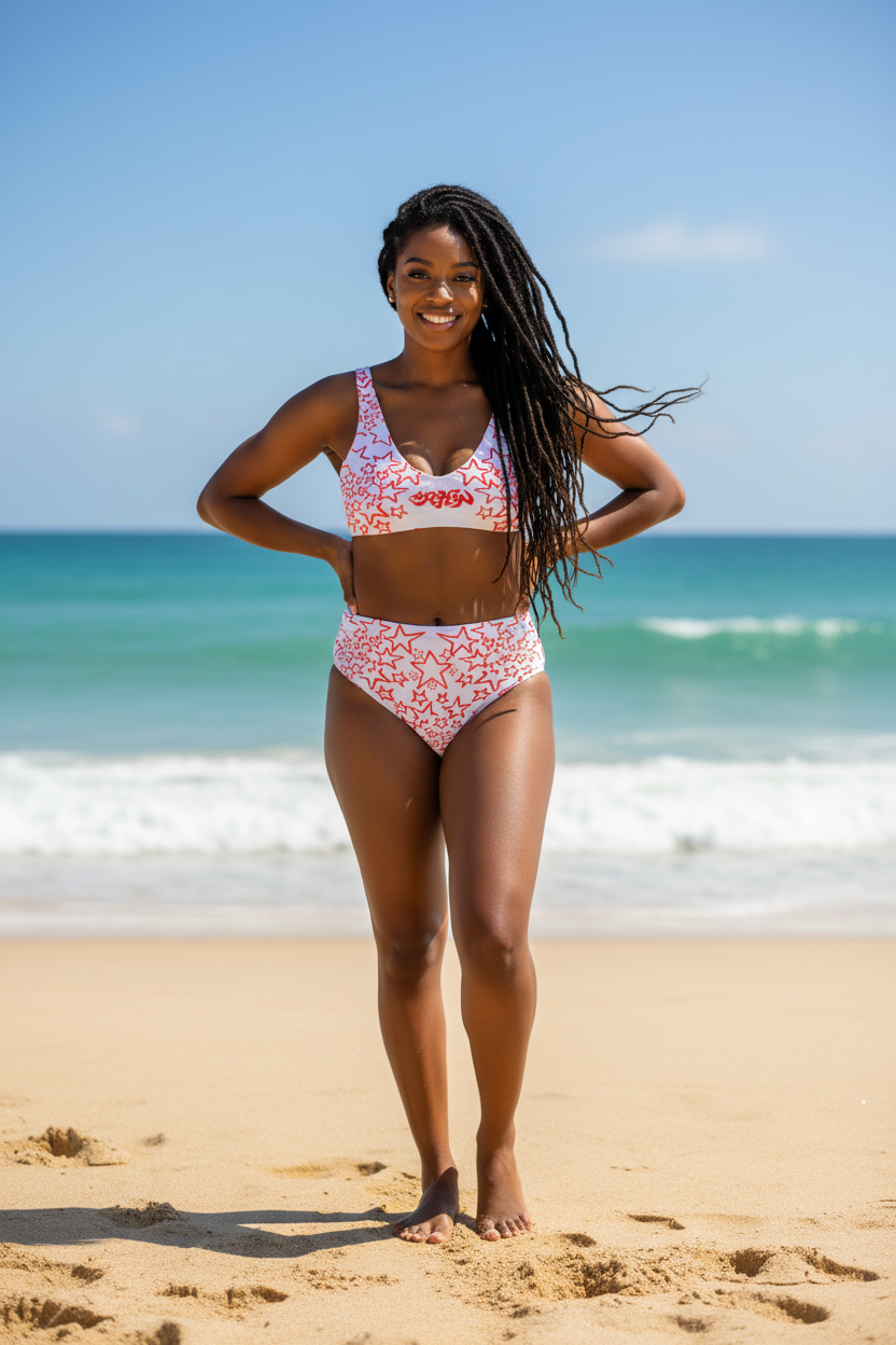 URCHIN-'STARS' Red on White. Recycled high-waisted bikini. Choice of Sizes.
