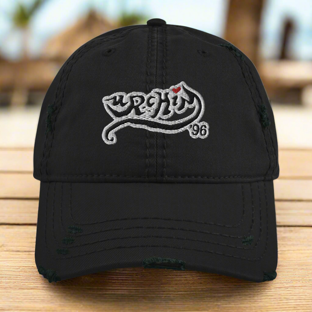 URCHIN Hat- 'Urchin 96' Black Logo on White Cap. 100% Cotton. Lightly Distressed. Choice of Colours. Unisex.