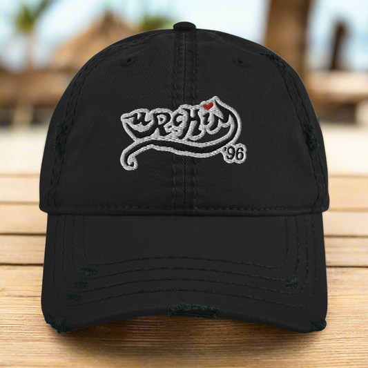 URCHIN Hat- 'Urchin 96' Black Logo on White Cap. 100% Cotton. Lightly Distressed. Choice of Colours. Unisex.