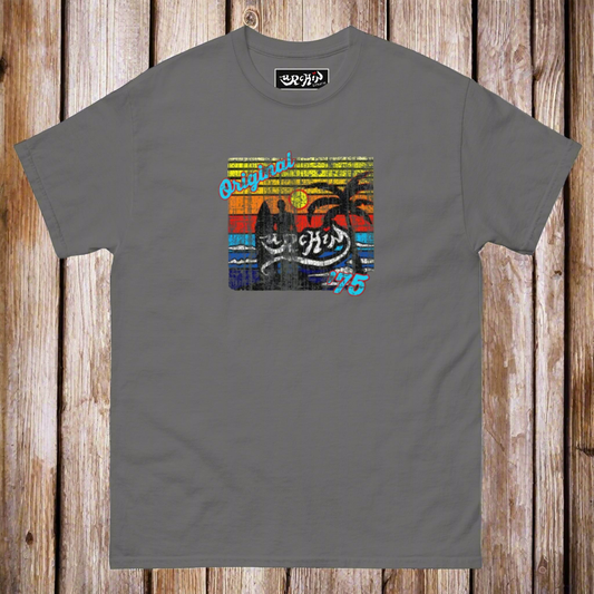 URCHIN Clothes -'Surfer Sunrise' 'Original '75' Logo. Cotton T Shirt. Choice of Colours. Unisex.