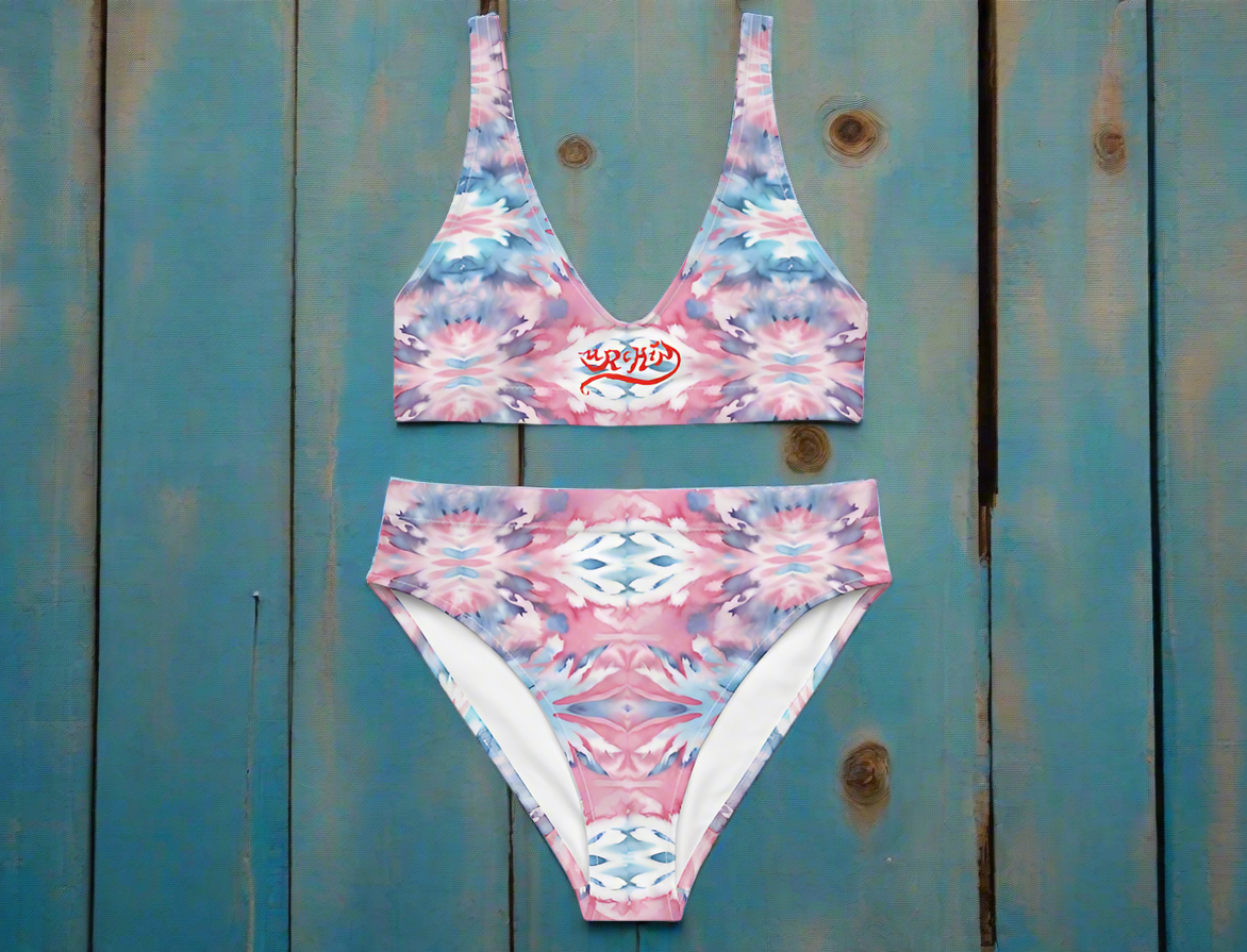 URCHIN-'CORAL SEA' Pink and Blue. Recycled High Waisted Bikini. Choice of Sizes.