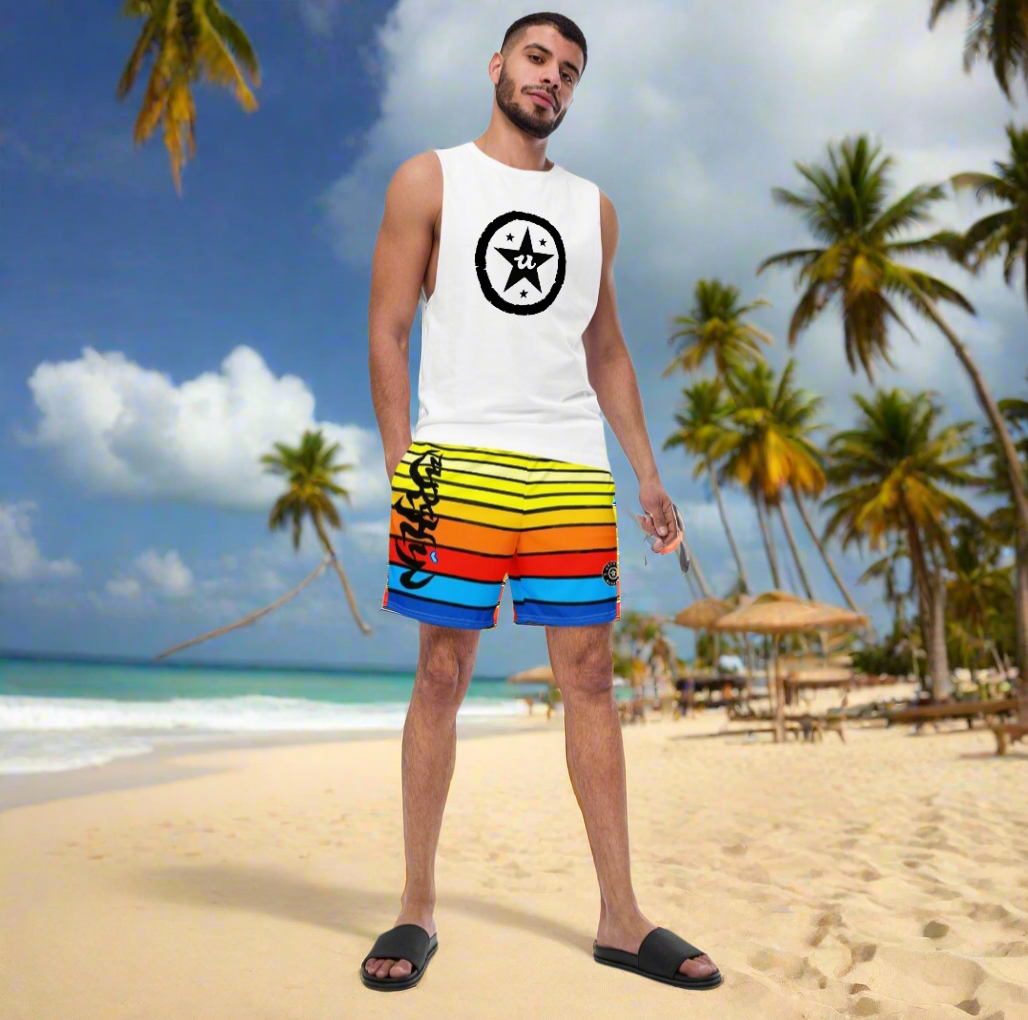 URCHIN Men's Swimwear. 'SUNRISE' Unisex Recycled Swim Board Shorts. Choice of Sizes.