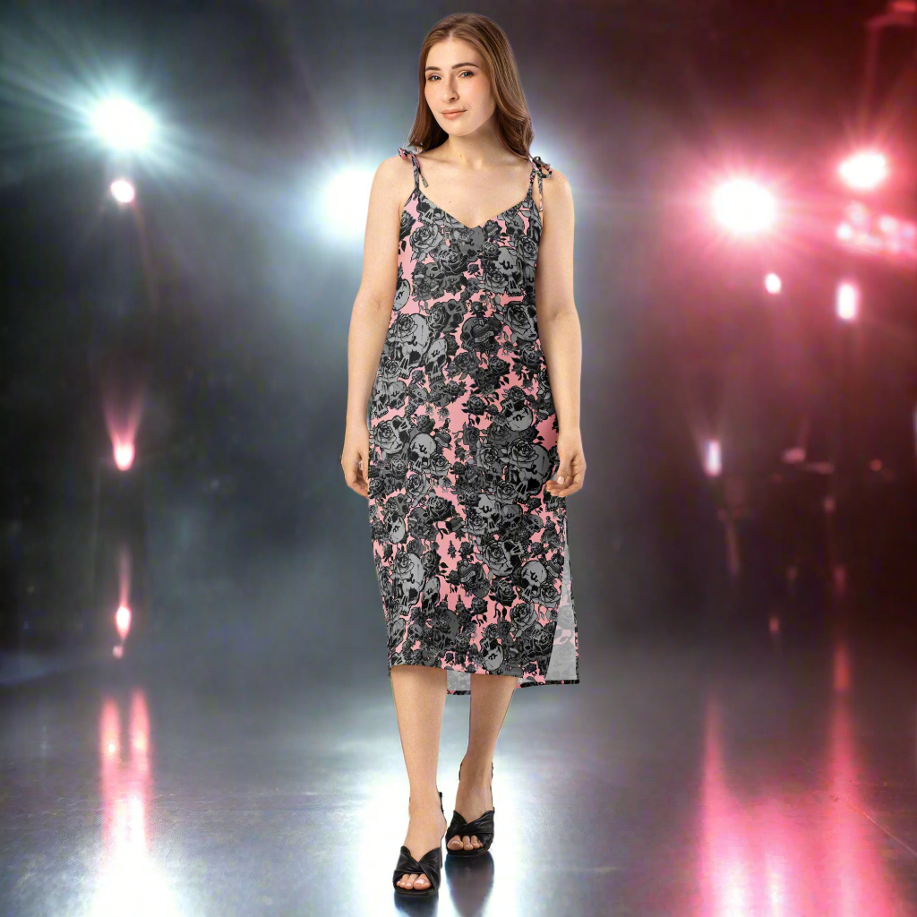 DARK URCHIN-'U Skull Storm' Skulls, Hearts Daggers, & Roses Tattoo Design. Tie-strap midi dress. Colour 'Blush' ( Deep Pink) Choice of Sizes.