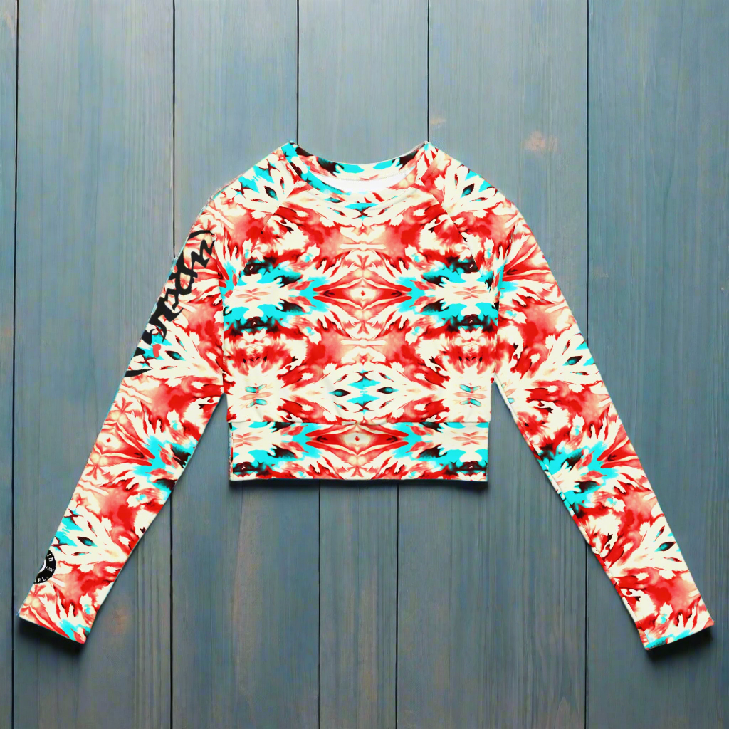 URCHIN Clothes & Sportswear 'CORAL SEA' Red and Blue Tie Dye Womens Recycled Long Sleeve Crop Top. Choice of Sizes.