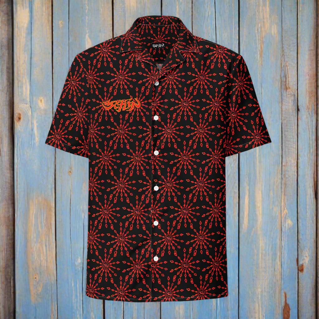 URCHIN 'U FIREWORK'. RED/NIGHT Unisex button shirt. Multiple Sizes.