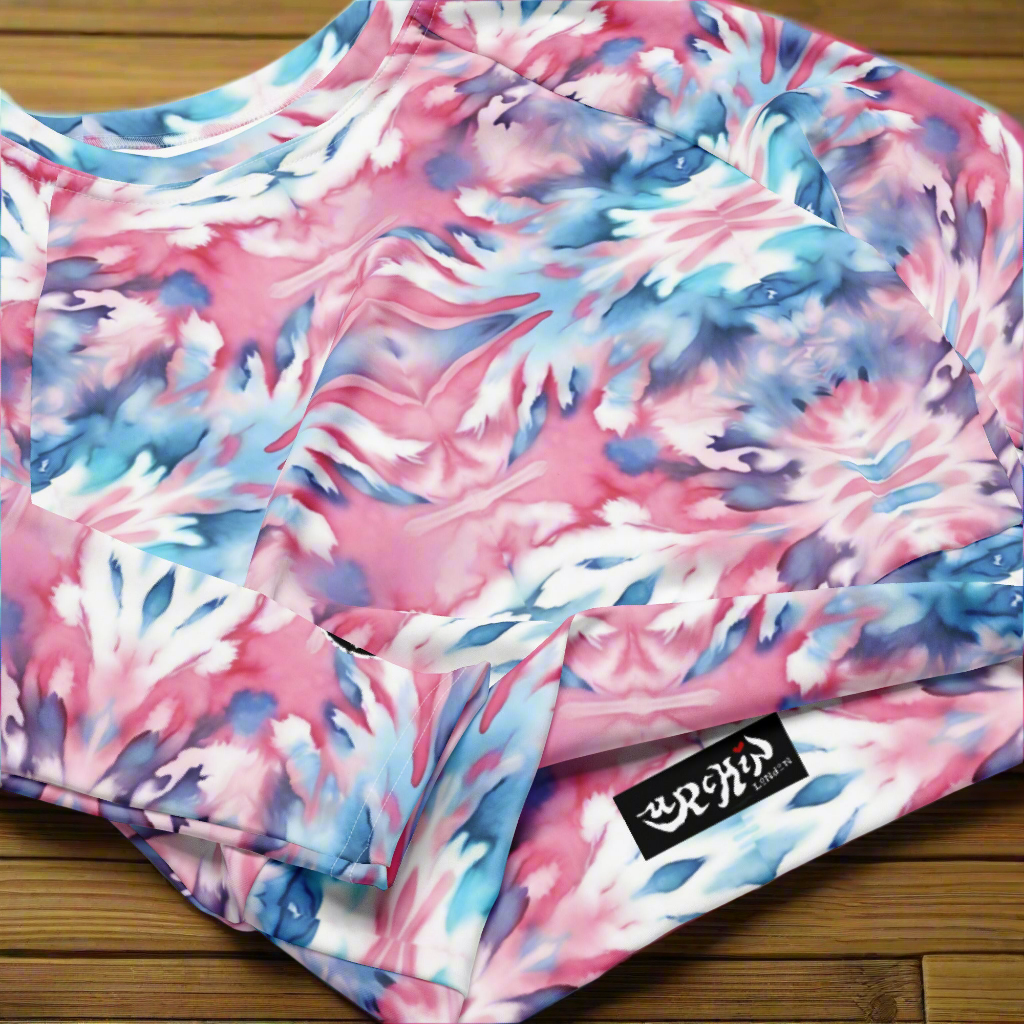 URCHIN Clothes & Sportswear 'CORAL SEA' Pink and Blue Tie Dye. Recycled Long-Sleeve Crop Top. Choice of Sizes.