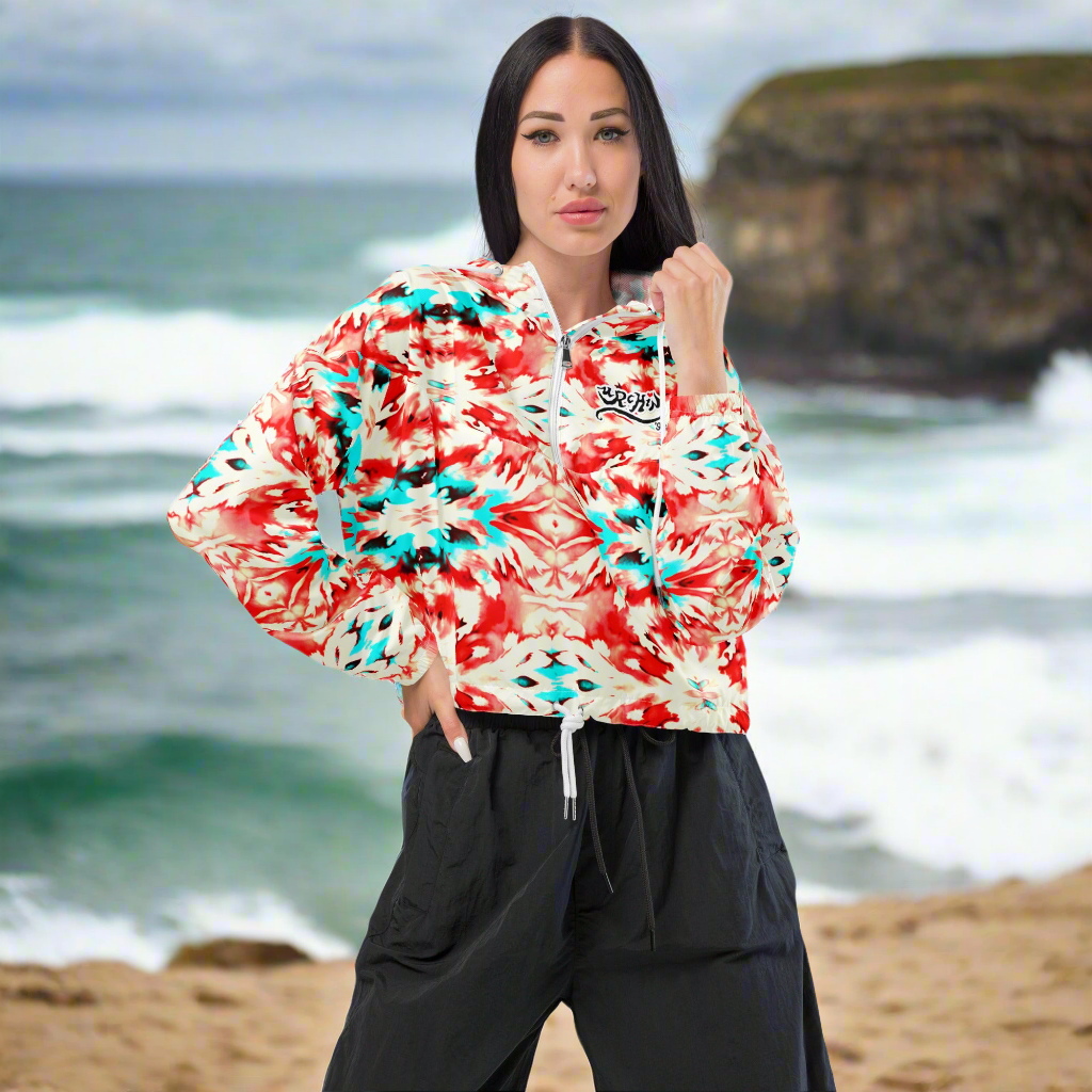 URCHIN Clothes & Sportswear 'CORAL SEA' Red and Blue Tie Dye. Women’s Cropped Windbreaker. Choice of Sizes.