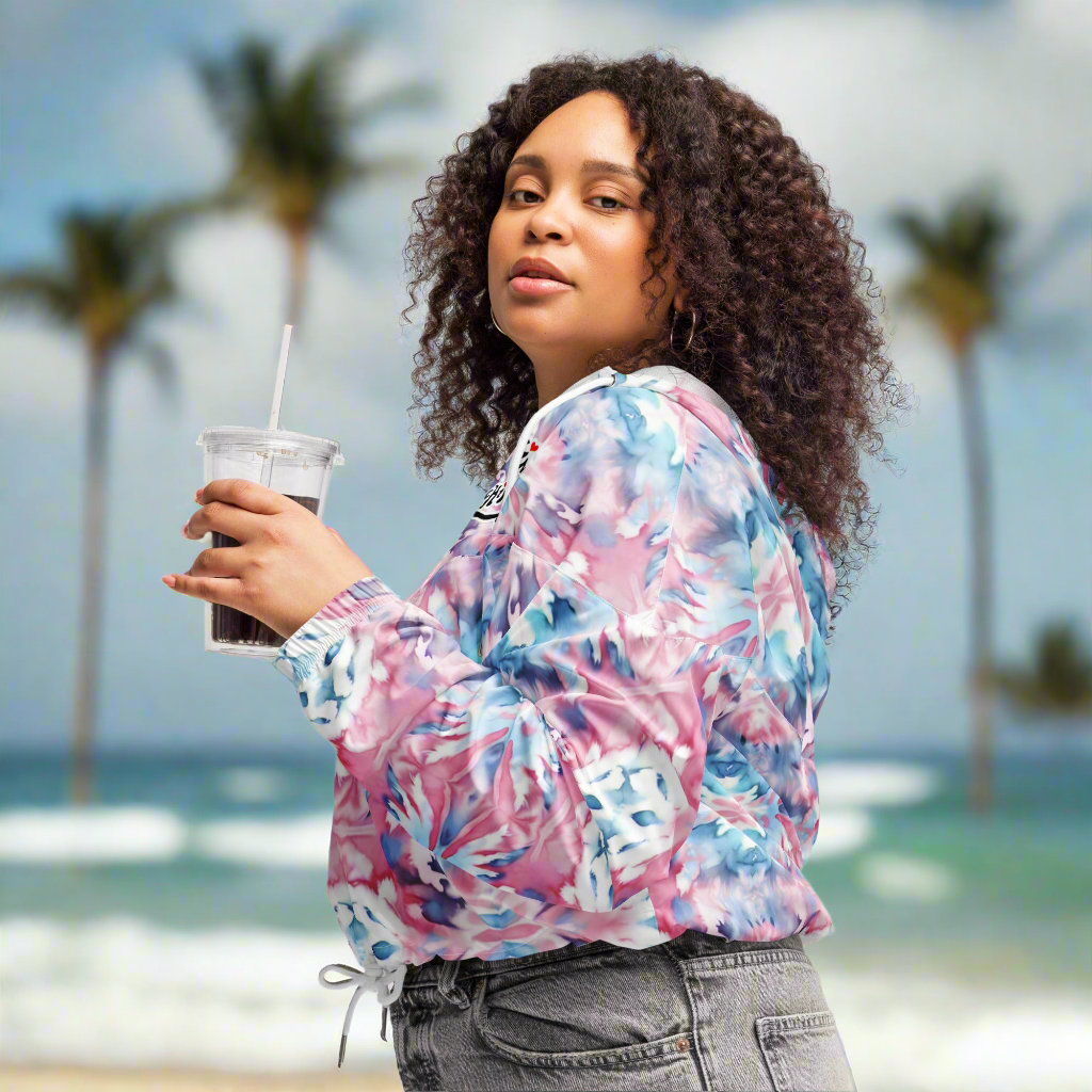 URCHIN Clothes & Sportswear 'CORAL SEA' Pink and Blue Tie Dye. Women’s cropped windbreaker. Choice of Sizes.