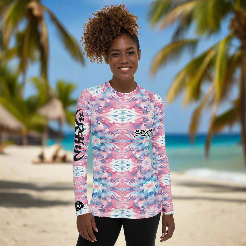 URCHIN Clothes & Swimwear. 'CORAL SEA' Pink and Blue Tie Dye. Womens Rash Guard. Choice of Sizes.