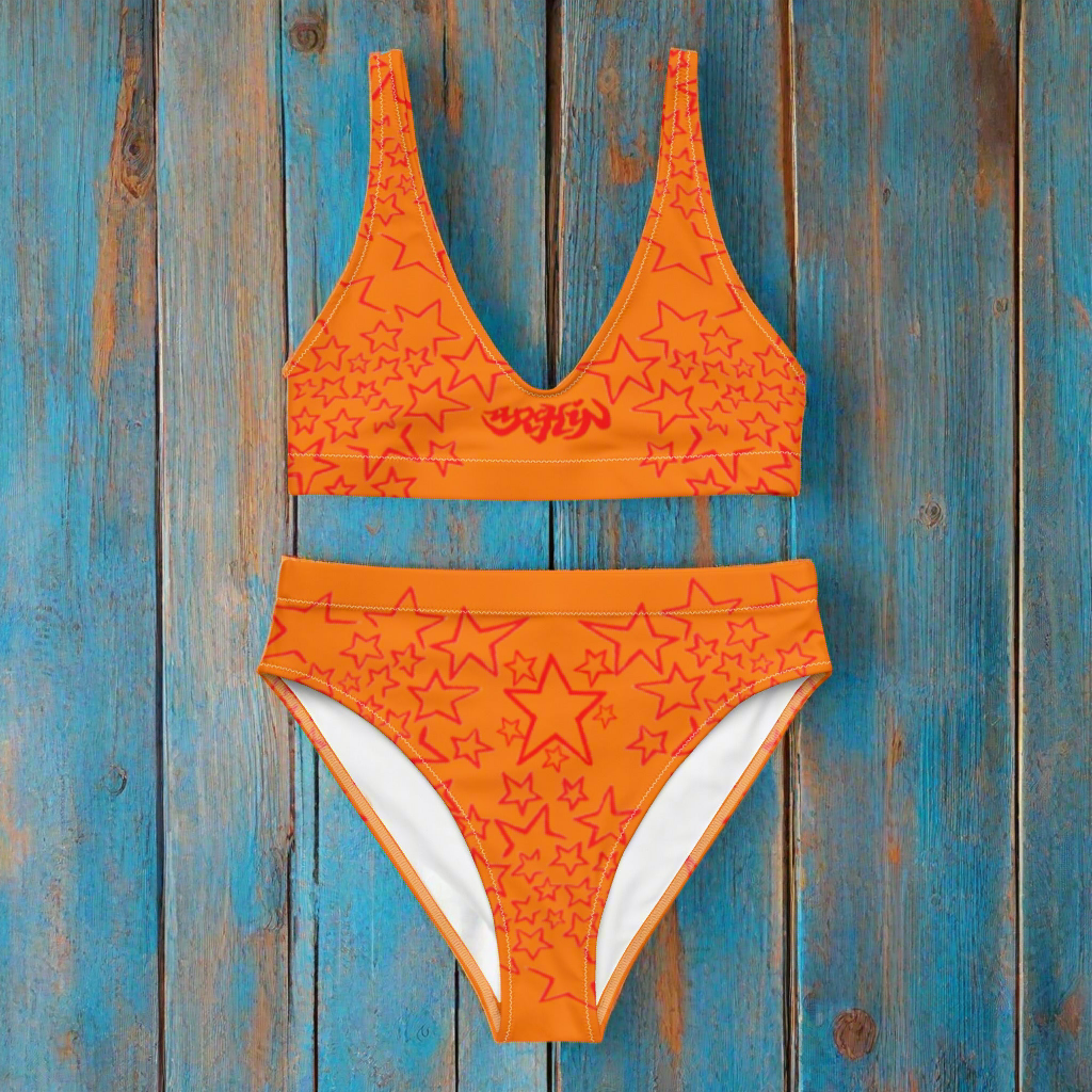 URCHIN Clothes & Swimwear. 'U STAR' Red & Orange. Recycled high-waisted bikini. Choice of Sizes.