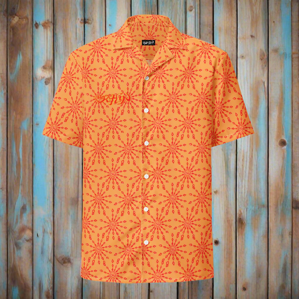URCHIN 'U FIREWORK'. RED/ORANGE JUICE Unisex button shirt. Multiple Sizes.