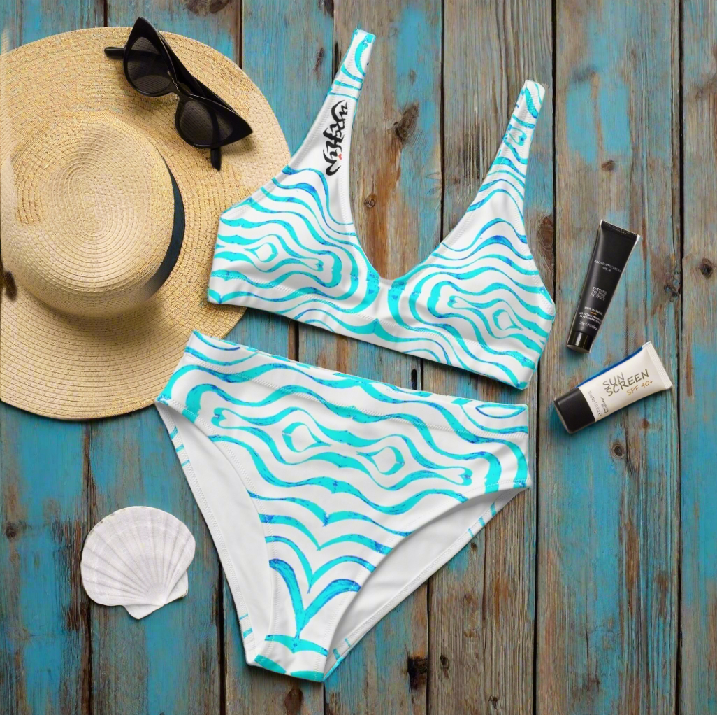URCHIN Clothes & Swimwear. 'TATTOO WAVE' BLUE. Recycled high-waisted bikini.