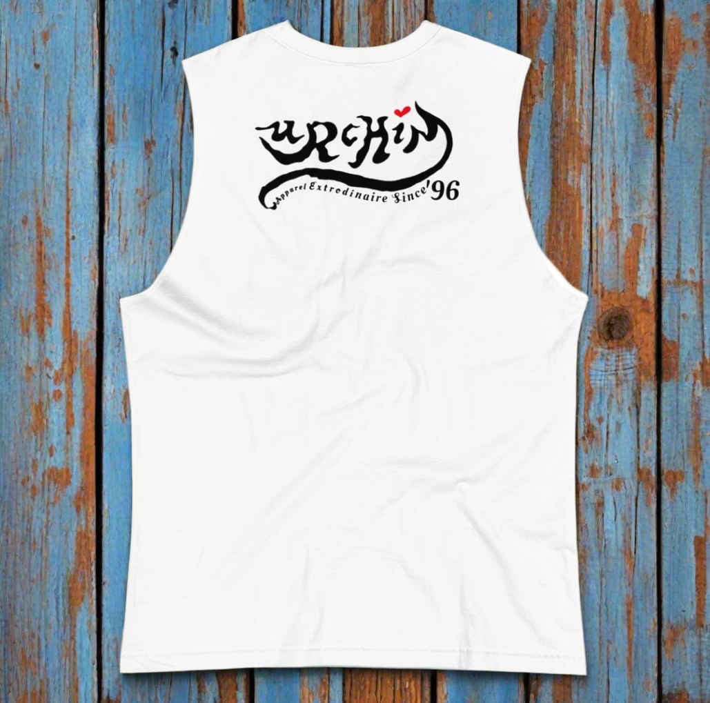 URCHIN Clothes 'U STAR' Black Logo. White Muscle T Shirt. Unisex. Choice of Sizes.