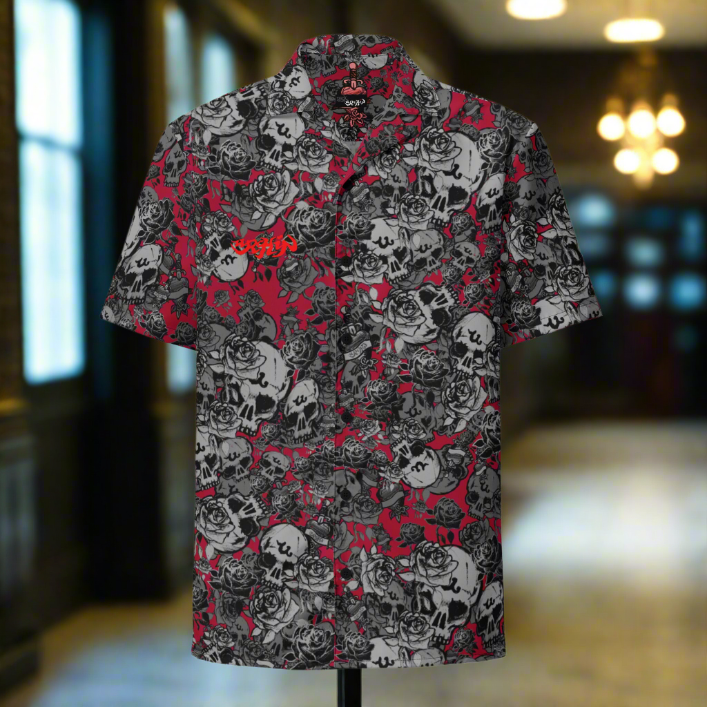 DARK URCHIN-'U Skull Storm' Unisex Shirt. Red Logo. Colour 'Dark Grape' ( Deep Red) Choice of Sizes.