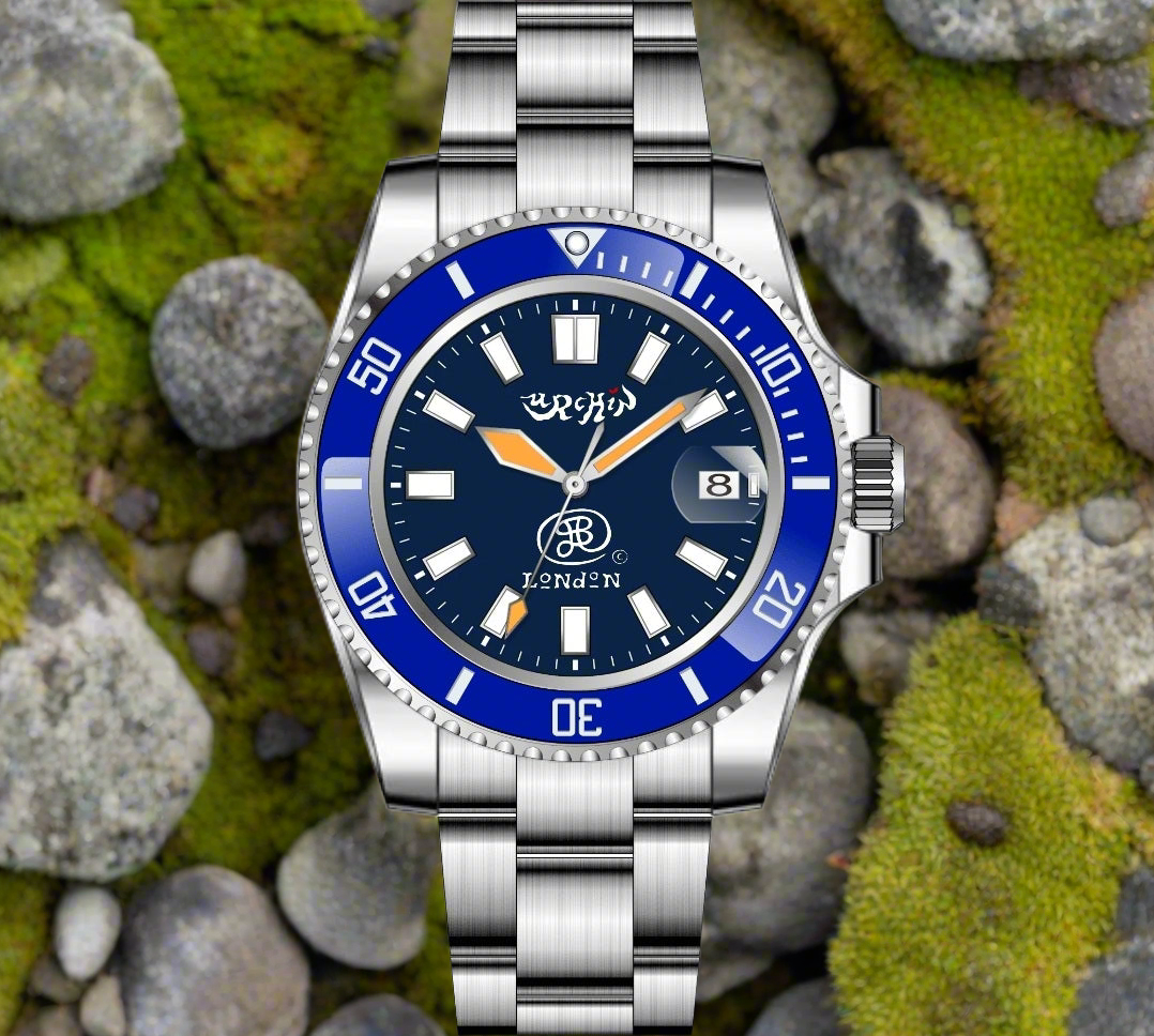 URCHIN Accessories & Watches. 'CRONOGRAPH DIVER' Blue & White 'Urchin London' Logo Watch. Steel Body and Strap. *To Order only.
