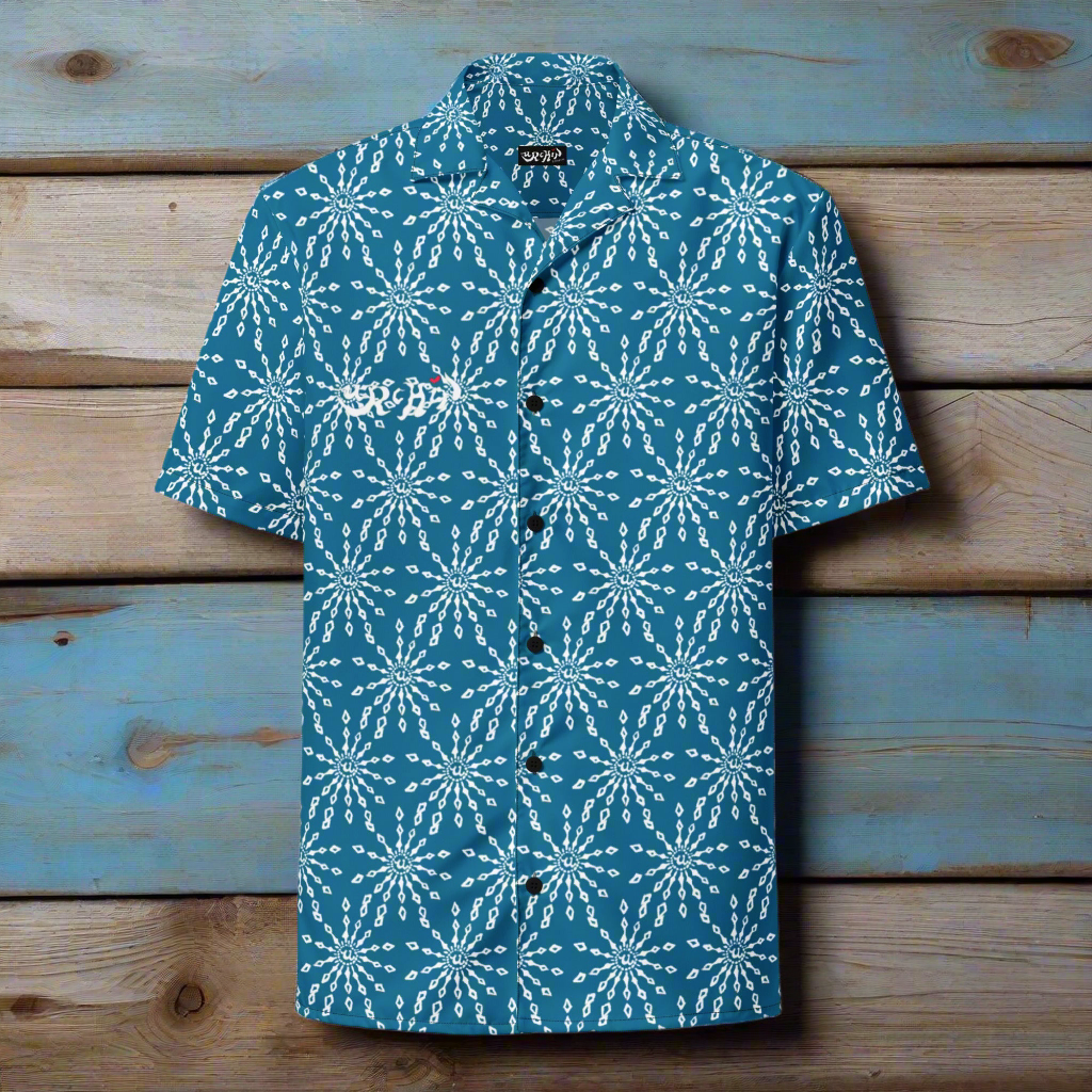 URCHIN 'U FIREWORK'. WHITE/SEA Unisex button shirt. Multiple Sizes.