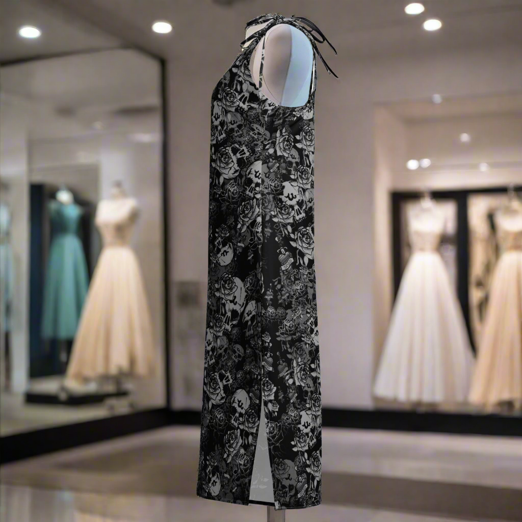 DARK URCHIN-'U Skull Storm' Skulls, Hearts Daggers, & Roses Tattoo Design. Tie-strap midi dress. Colour 'Night' (Black) Choice of Sizes.