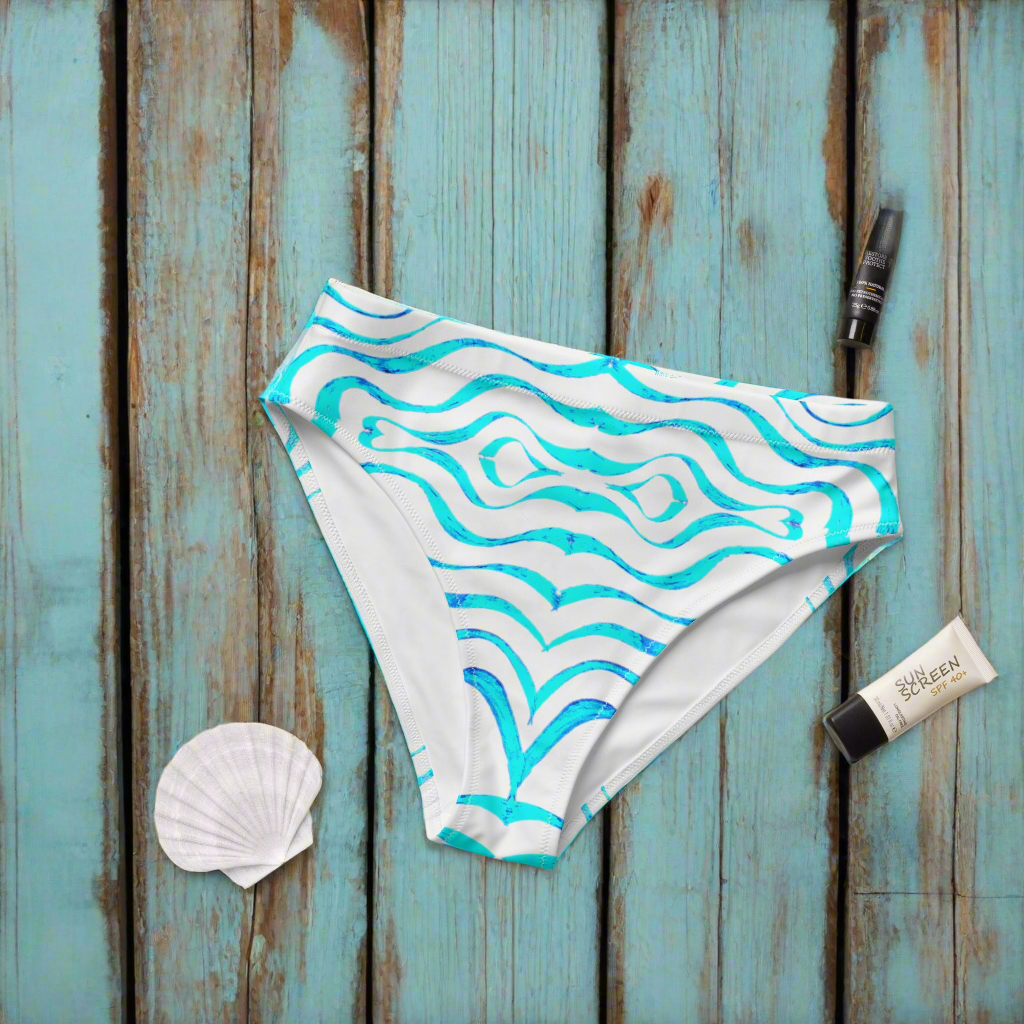 URCHIN Clothes & Swimwear. 'TATTOO WAVE' BLUE. Recycled high-waisted bikini bottom