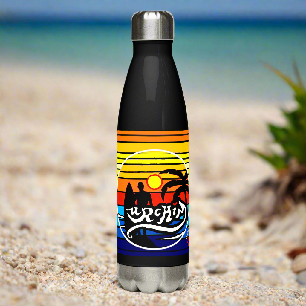 URCHIN Hydration Stainless Steel water bottle. 'Sunset Surfer' Logo on Black.