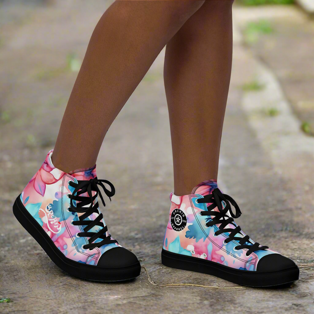 URCHIN Footwear 'U FLOWER'. Womens high tops. Black or White Detailing Option. Choice of Sizes.