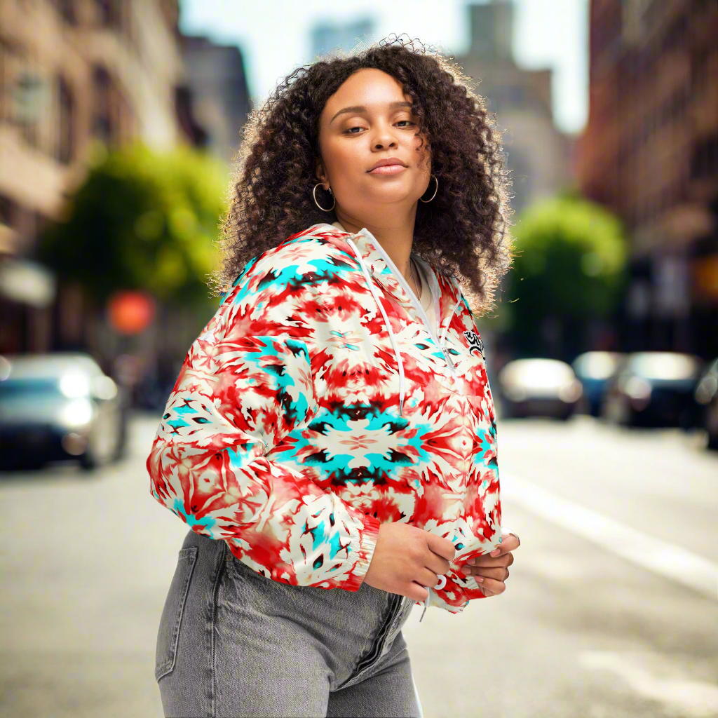 URCHIN Clothes & Sportswear 'CORAL SEA' Red and Blue Tie Dye. Women’s Cropped Windbreaker. Choice of Sizes.