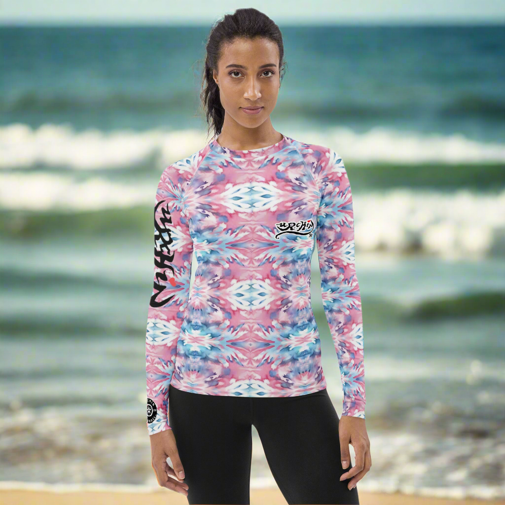 URCHIN Clothes & Swimwear. 'CORAL SEA' Pink and Blue Tie Dye. Womens Rash Guard. Choice of Sizes.