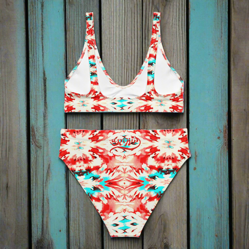 URCHIN Clothes & Swimwear. 'CORAL SEA' Red and Blue Tie Dye. Recycled High Waisted Bikini. Choice of Sizes.