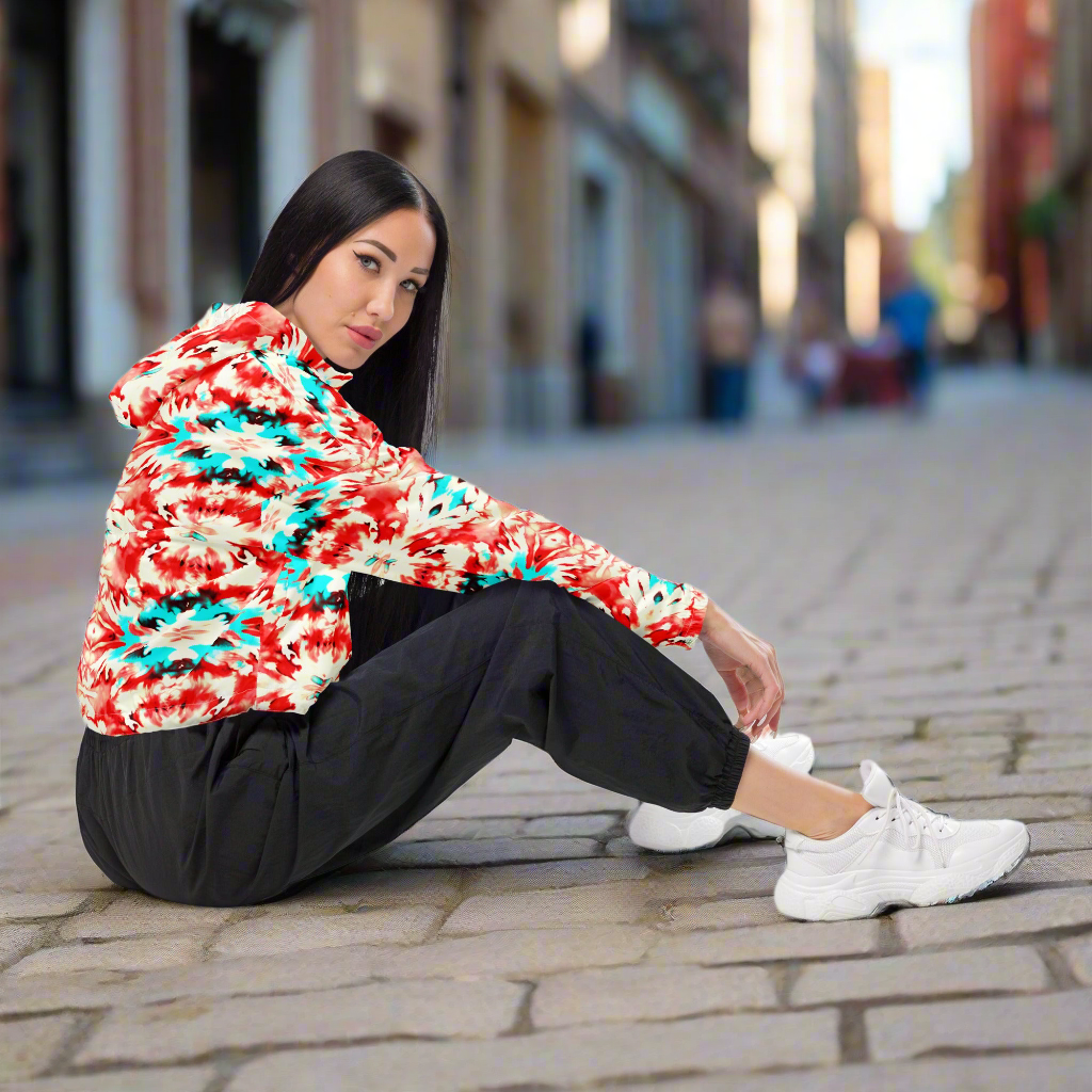 URCHIN Clothes & Sportswear 'CORAL SEA' Red and Blue Tie Dye. Women’s Cropped Windbreaker. Choice of Sizes.