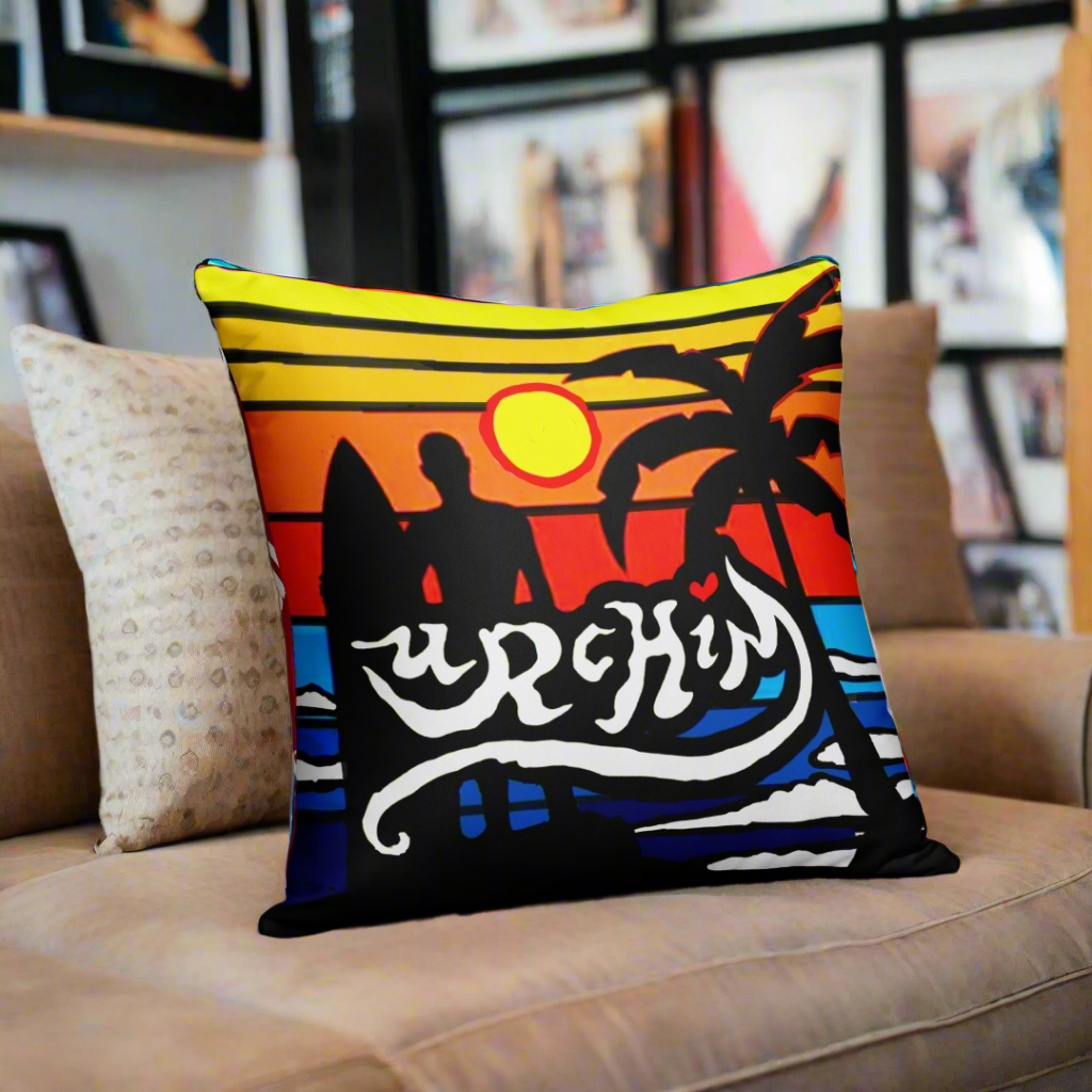 URCHIN Pillow-'Surfer Sunrise'. 'Surf, Party, Surf, Dance, Surf, Eat, Sleep, Repeat' Reverse Pillow ( medium size ).