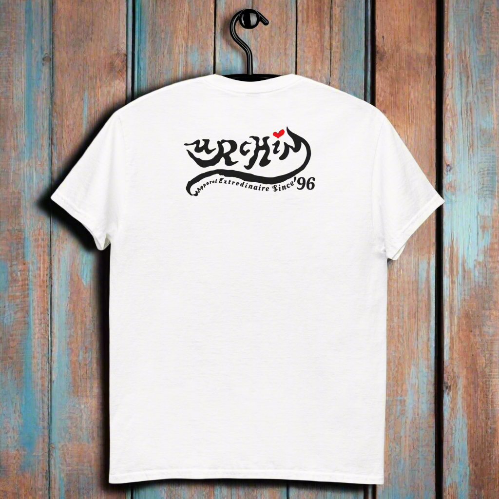 URCHIN Clothes-'U' Original Urchin 1996 Black Logo. Cotton T Shirt. White. Unisex.