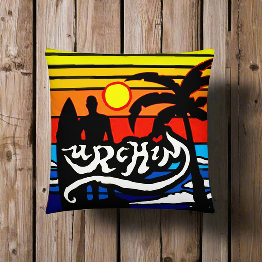 URCHIN Pillow-'Surfer Sunrise'. 'Surf, Party, Surf, Dance, Surf, Eat, Sleep, Repeat' Reverse Pillow ( medium size ).