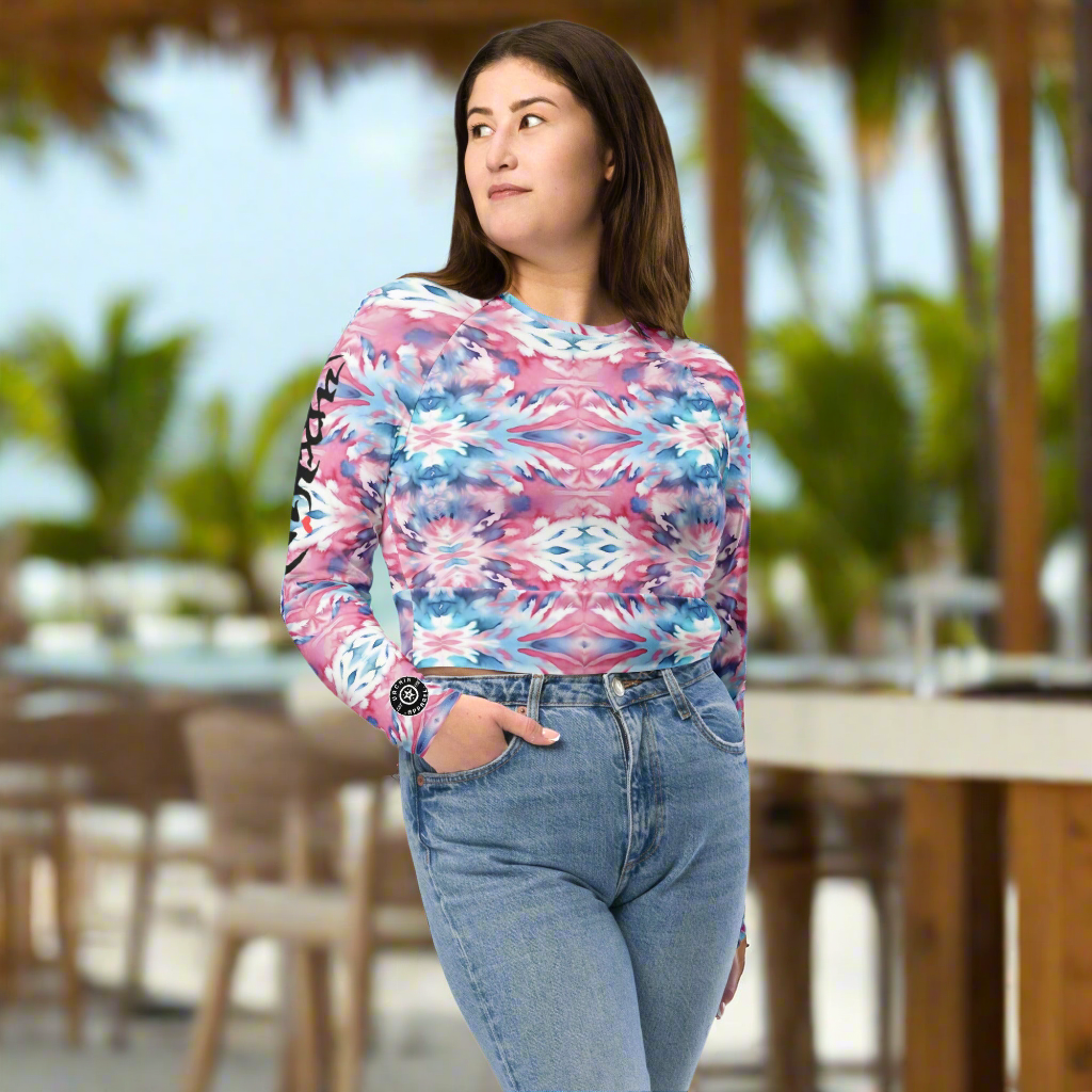 URCHIN Clothes & Sportswear 'CORAL SEA' Pink and Blue Tie Dye. Recycled Long-Sleeve Crop Top. Choice of Sizes.