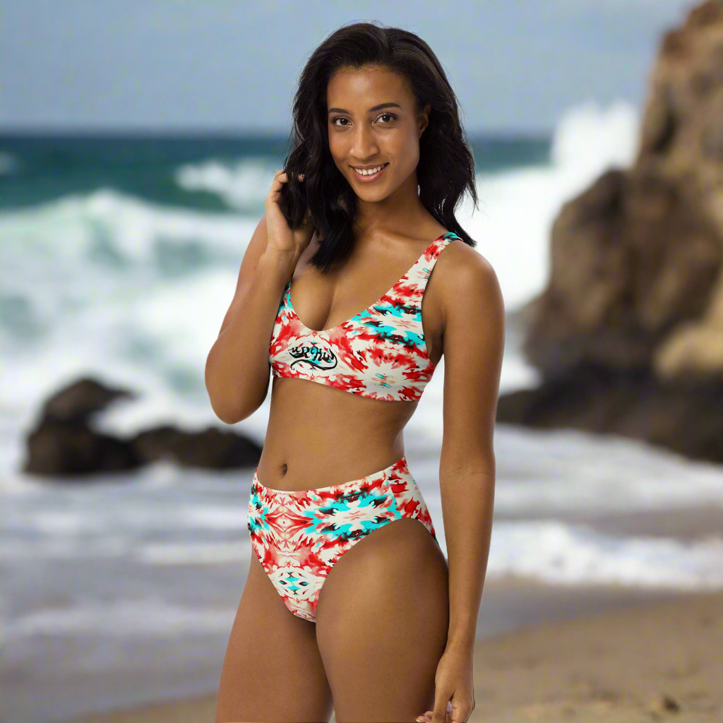 URCHIN Clothes & Swimwear. 'CORAL SEA' Red and Blue Tie Dye. Recycled High Waisted Bikini. Choice of Sizes.