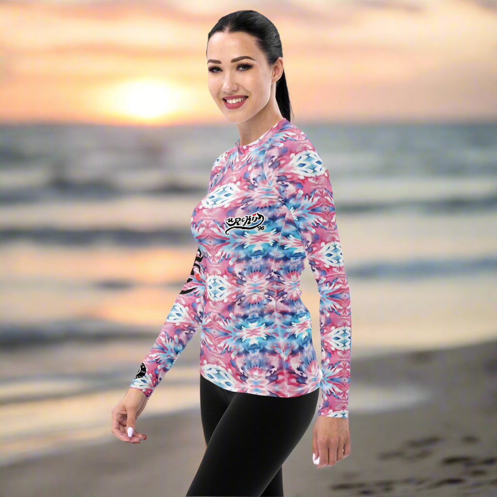 URCHIN Clothes & Swimwear. 'CORAL SEA' Pink and Blue Tie Dye. Womens Rash Guard. Choice of Sizes.