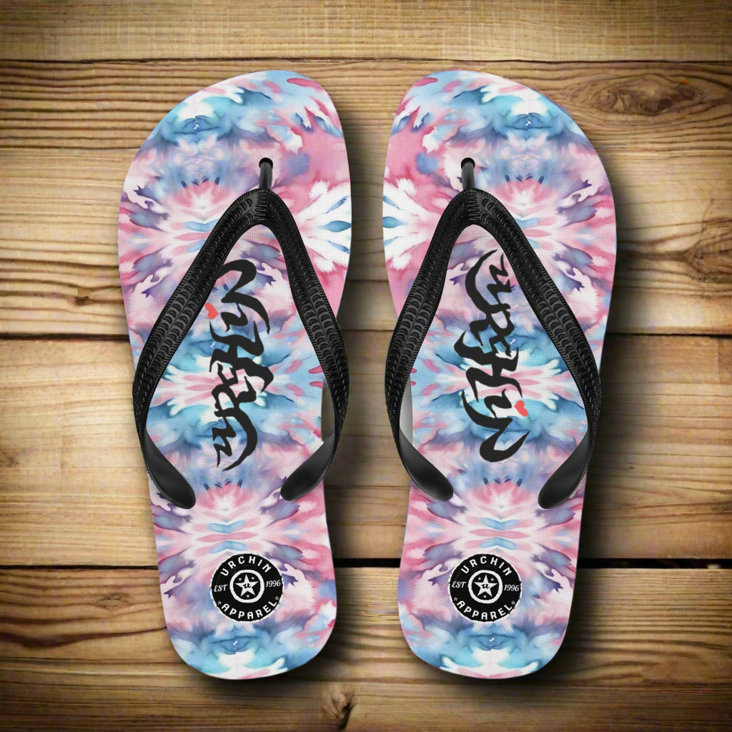URCHIN Footwear. 'CORAL SEA' Pink & Blue Tie Dye. Unisex Flip-Flops. Choice of Sizes.