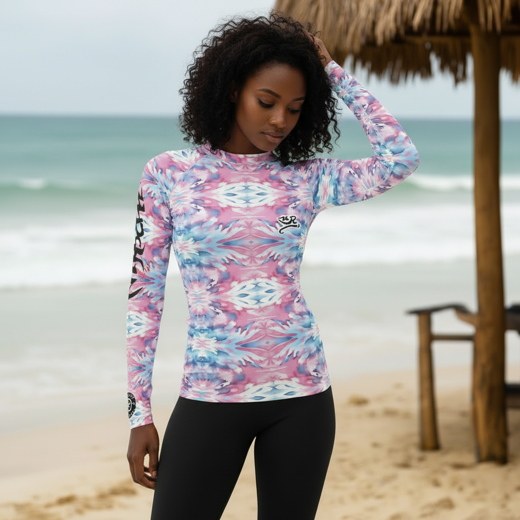 URCHIN-'CORAL SEA' Pink and Blue Tie Dye. Womens Rash Guard. Choice of Sizes.