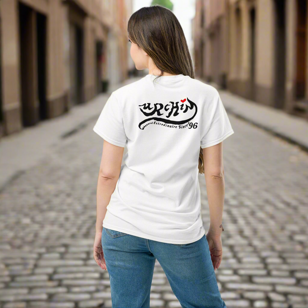 URCHIN Clothes-'U' Original Urchin 1996 Black Logo. Cotton T Shirt. White. Unisex.