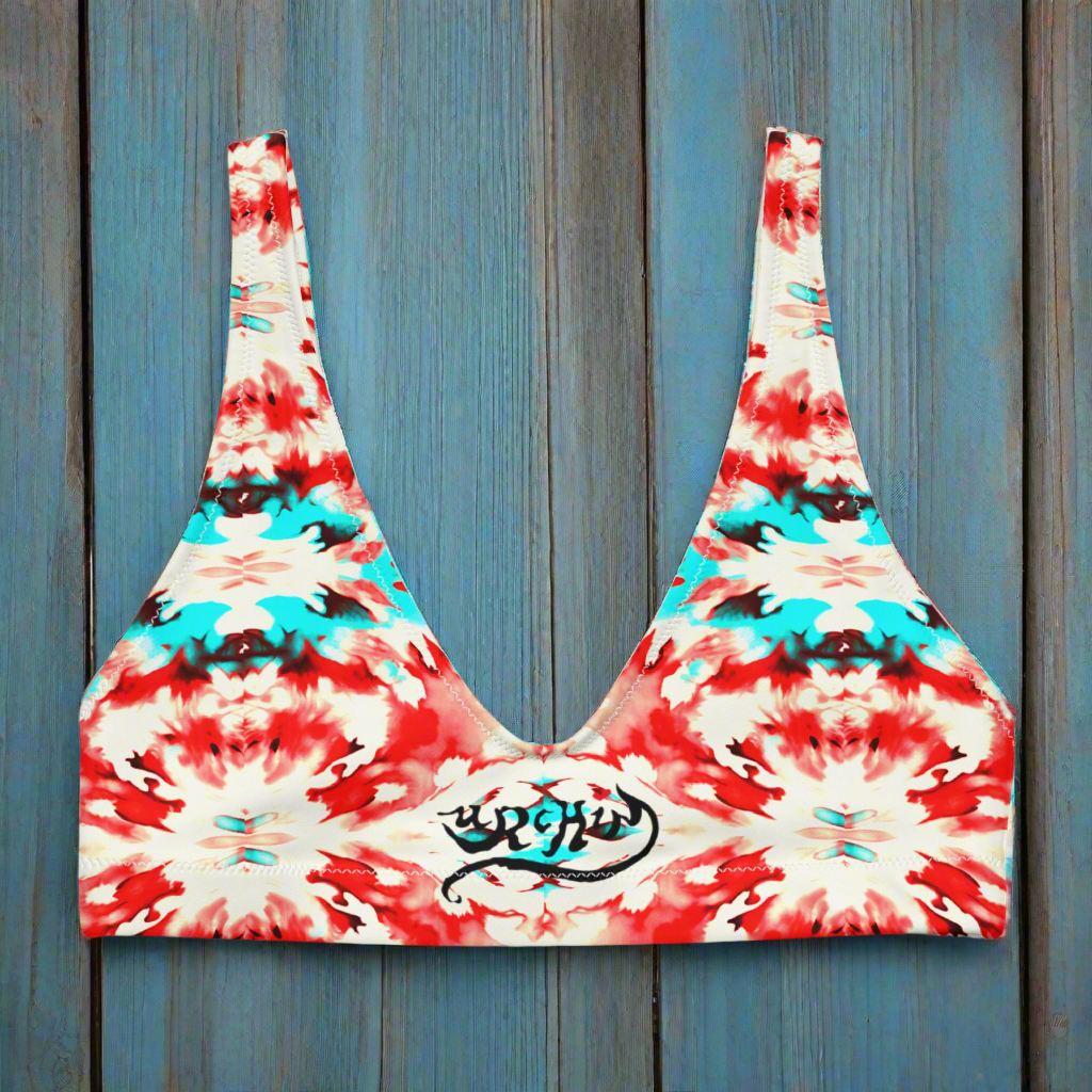 URCHIN 'CORAL SEA' Red and Blue Tie Dye. Recycled Padded Bikini Top. Choice of Sizes.