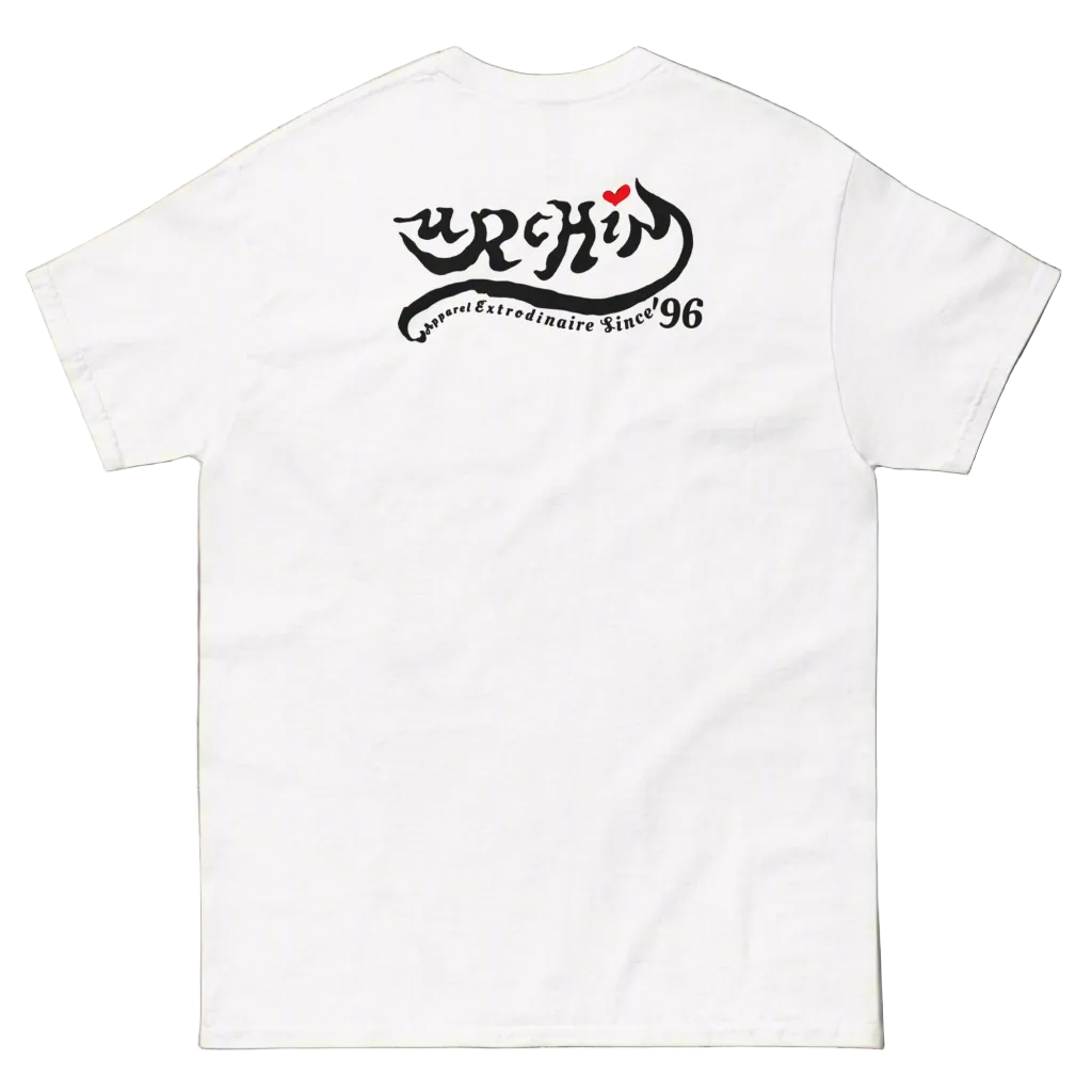 URCHIN- 'U URCHIN' Original Urchin 1996 Logo. Cotton T Shirt. White. Unisex.
