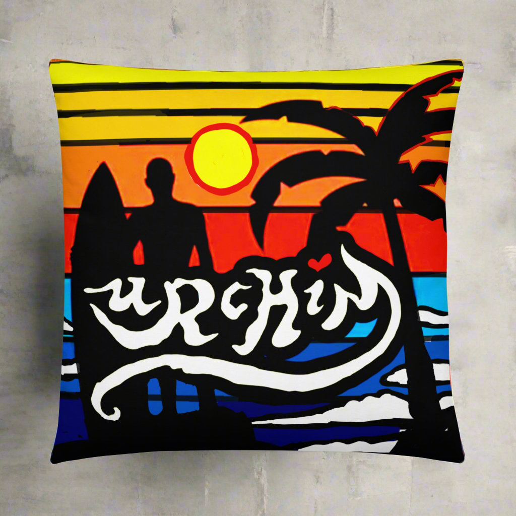 URCHIN Pillow -'Surfer Sunrise'. 'Surf, Party, Surf, Dance, Surf, Eat, Sleep, Repeat' Reverse ( Large ).