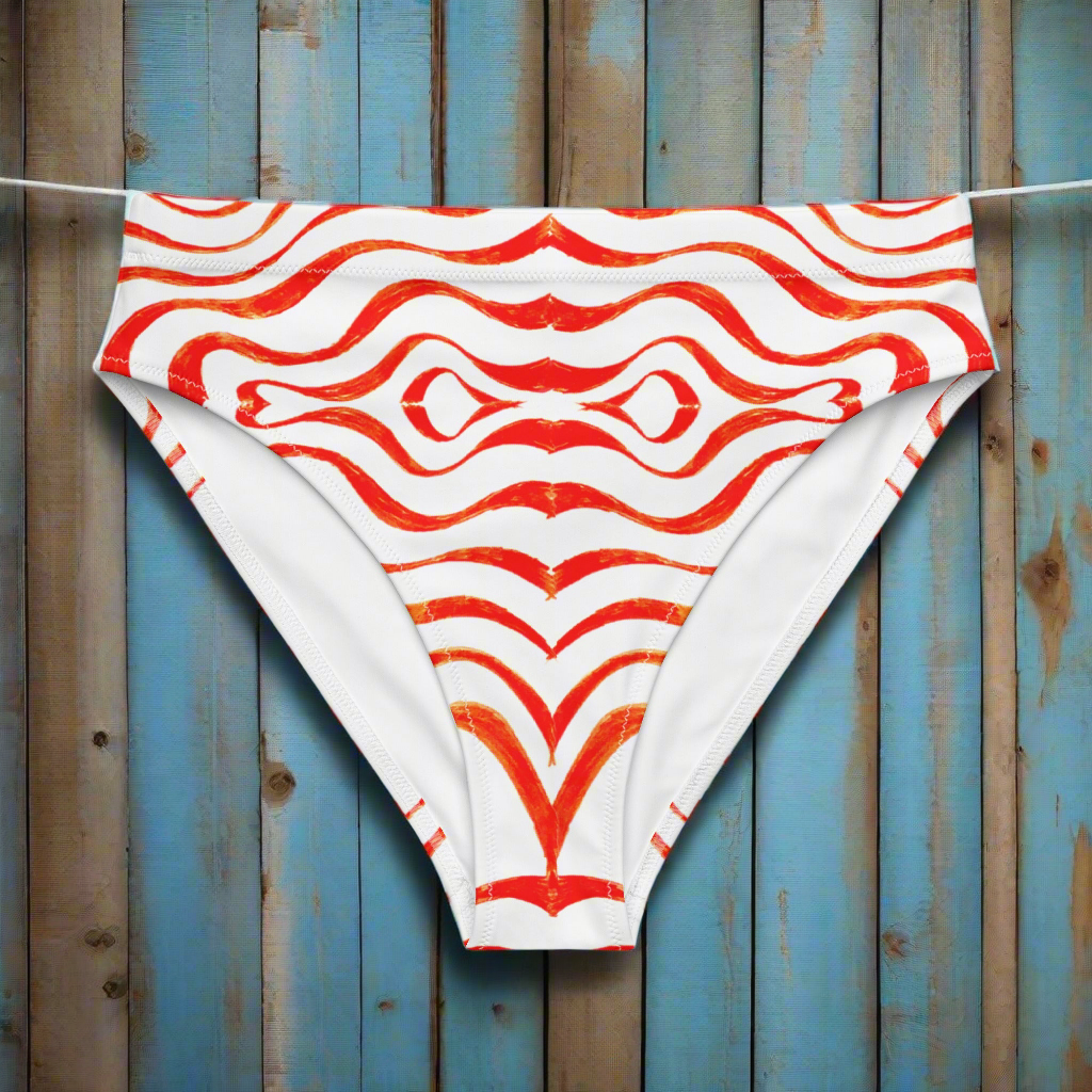 URCHIN Clothes & Swimwear. 'TATTOO WAVE' RED. Recycled high-waisted bikini bottom. Choice of Sizes.