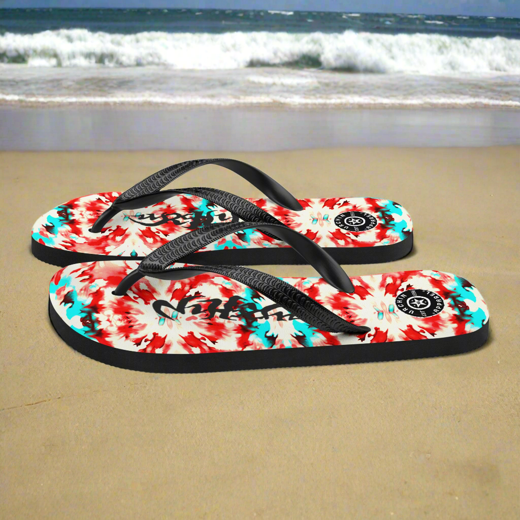 URCHIN Footwear. 'CORAL SEA' Red and Blue Tie Dye. Unisex Flip-Flops. Choice of Sizes.