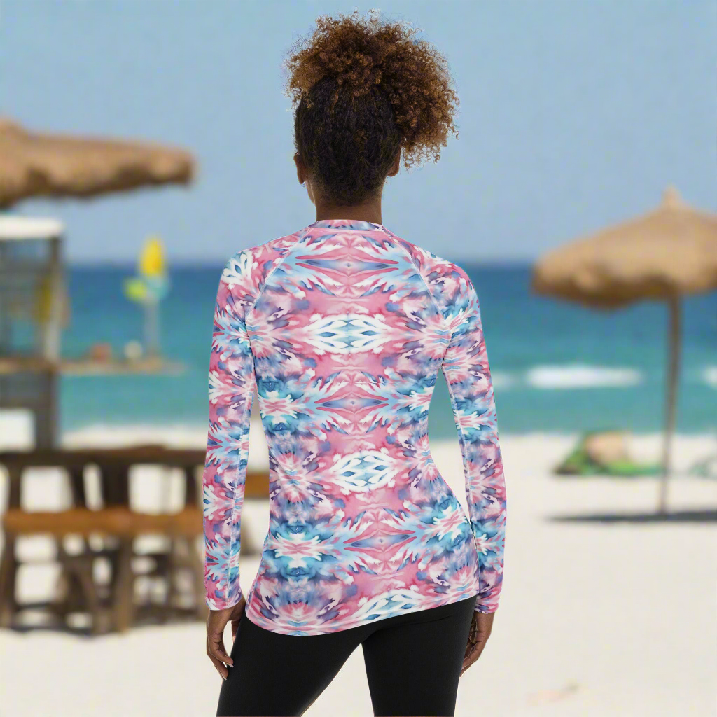 URCHIN Clothes & Swimwear. 'CORAL SEA' Pink and Blue Tie Dye. Womens Rash Guard. Choice of Sizes.
