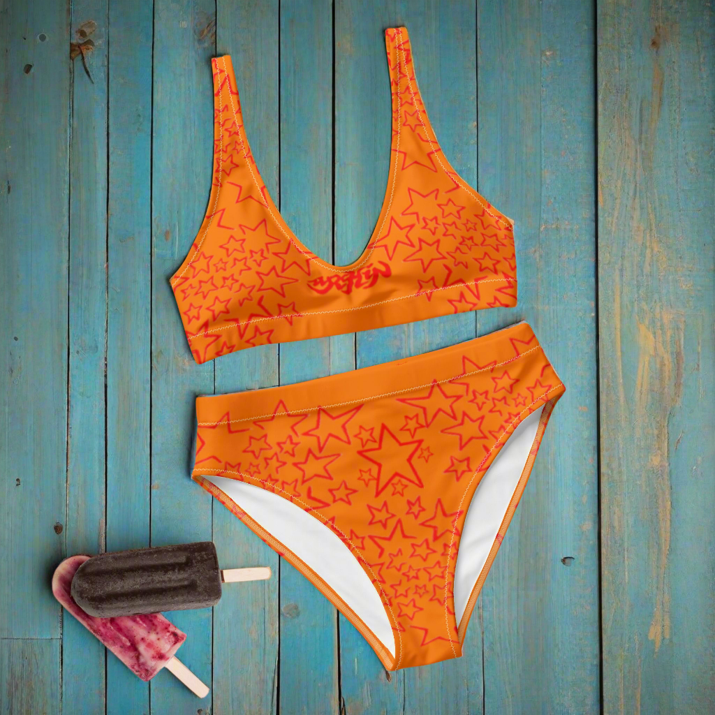 URCHIN Clothes & Swimwear. 'U STAR' Red & Orange. Recycled high-waisted bikini. Choice of Sizes.