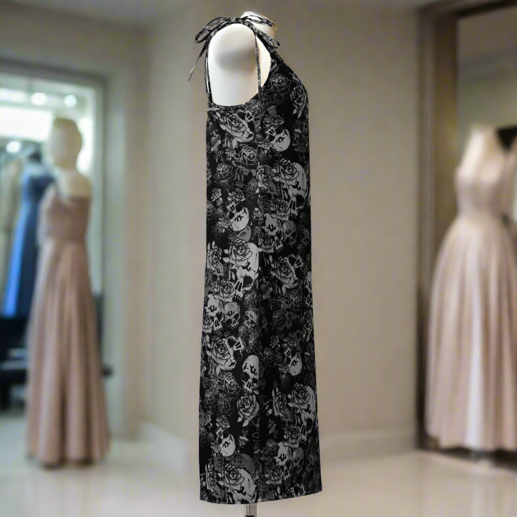 DARK URCHIN-'U Skull Storm' Skulls, Hearts Daggers, & Roses Tattoo Design. Tie-strap midi dress. Colour 'Night' (Black) Choice of Sizes.